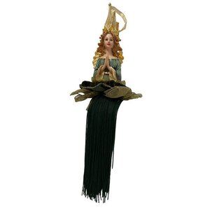 * Rare Praying Angel Hanging Tree Ornament Ceramic Velvet Green Gold 15” Long